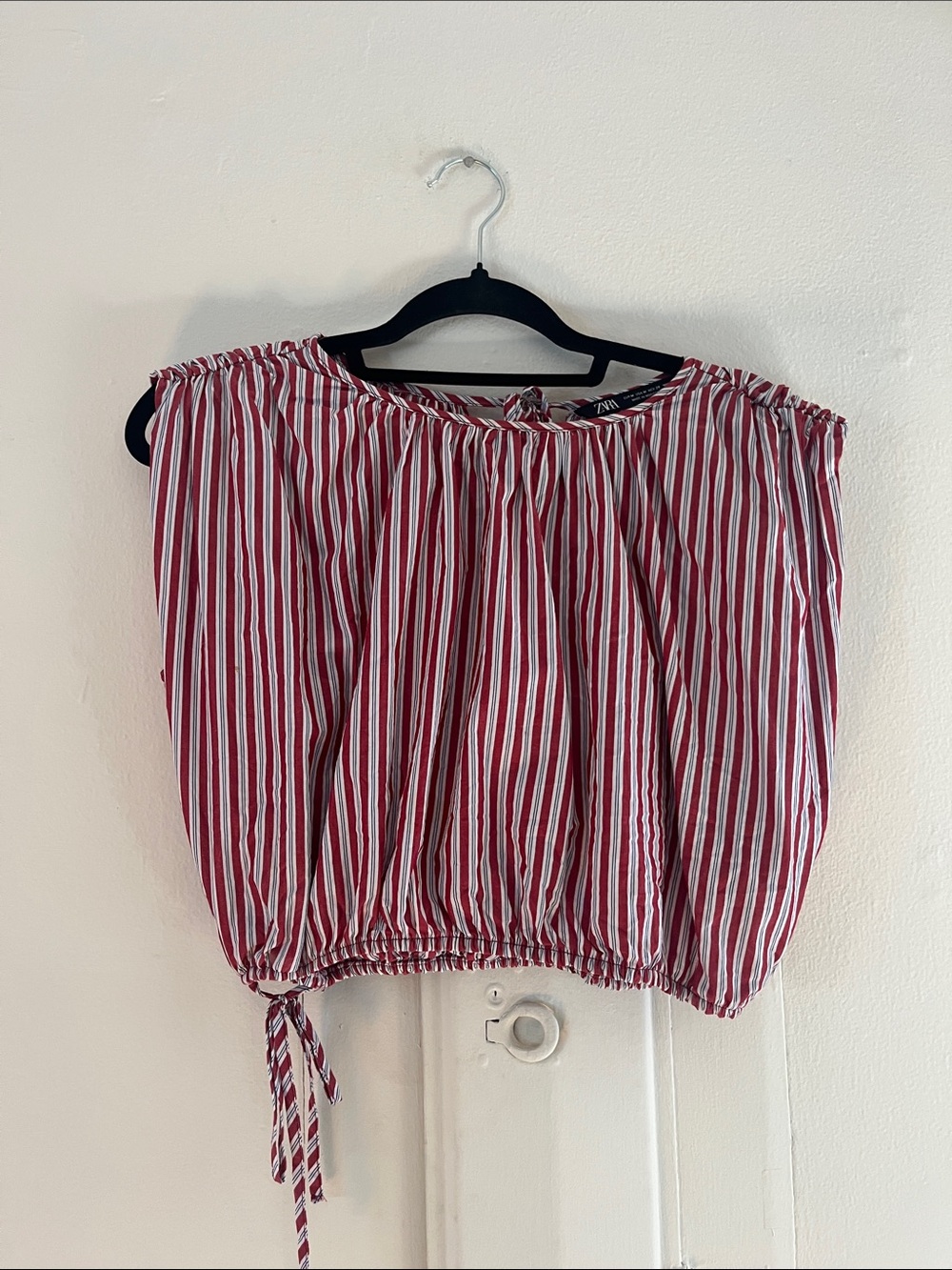 Zara Red and White Striped Off-Shoulder Crop Blouse